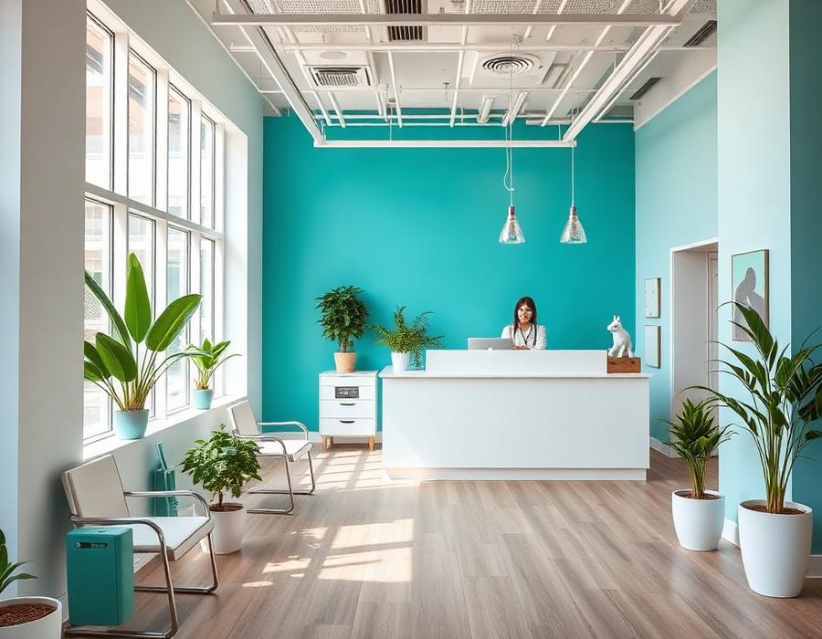 Recepção moderna de clínica veterinária parceira