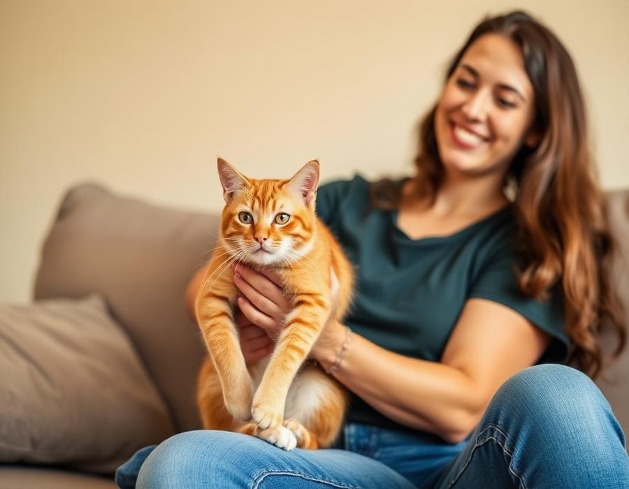 Tutora sorrindo com seu gato laranja no colo